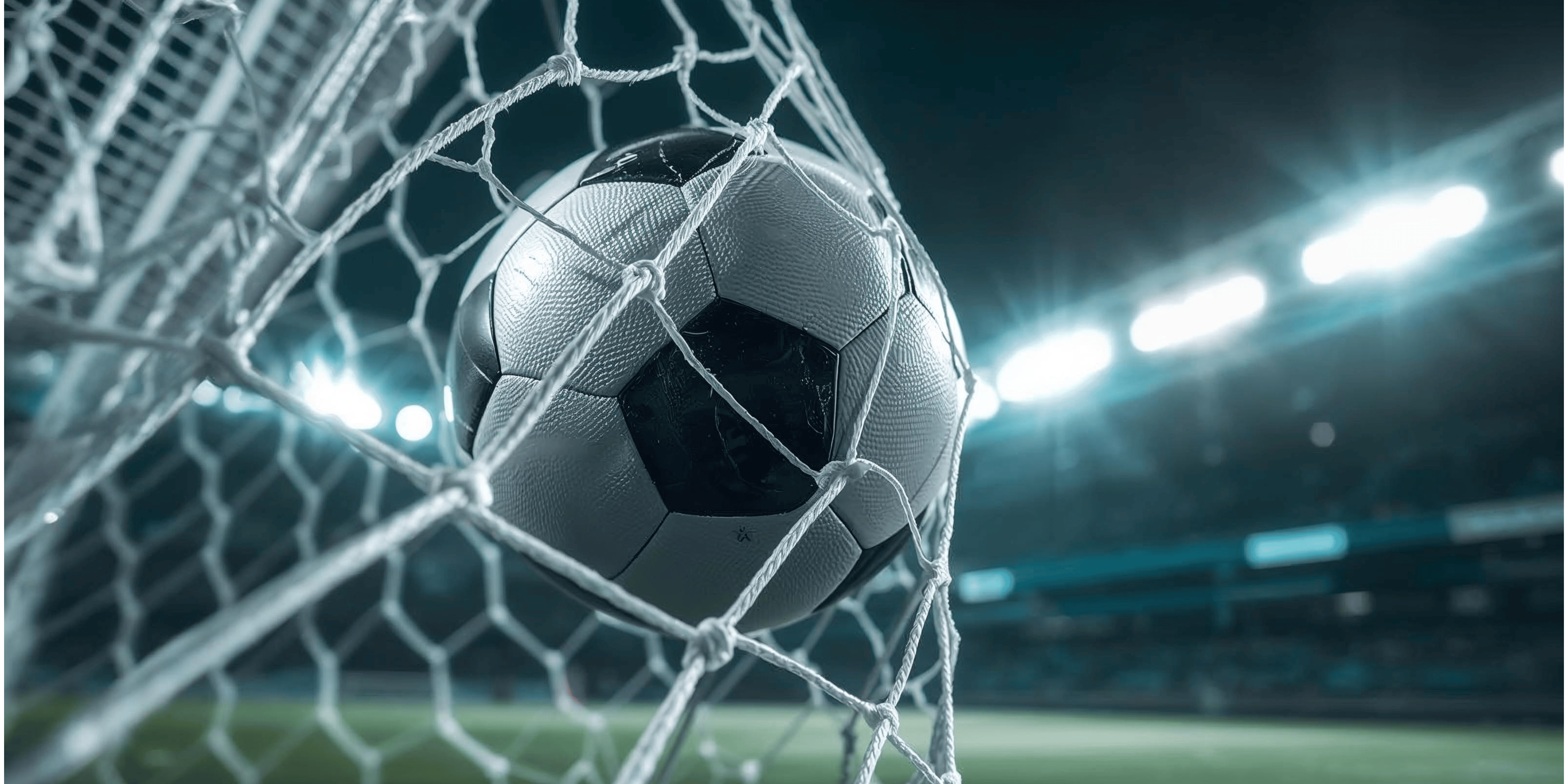 Football captured in the net under stadium lights